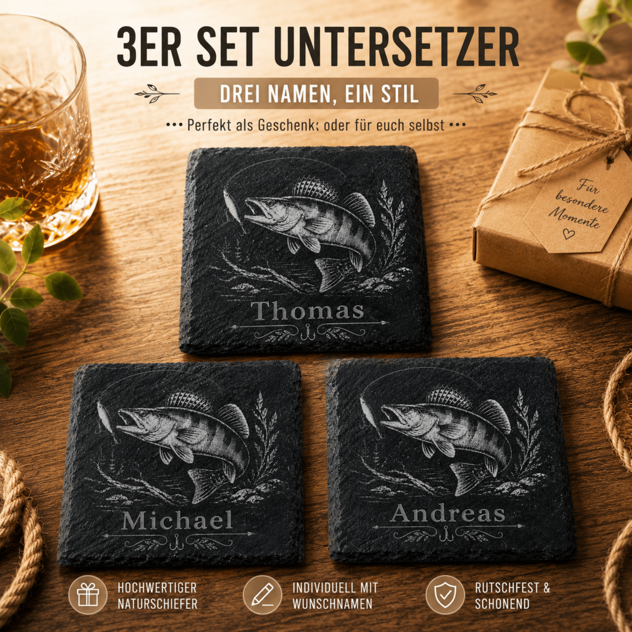 Personalisierter Zander Schieferuntersetzer mit Name – Geschenk für Angler - Gravurliebe