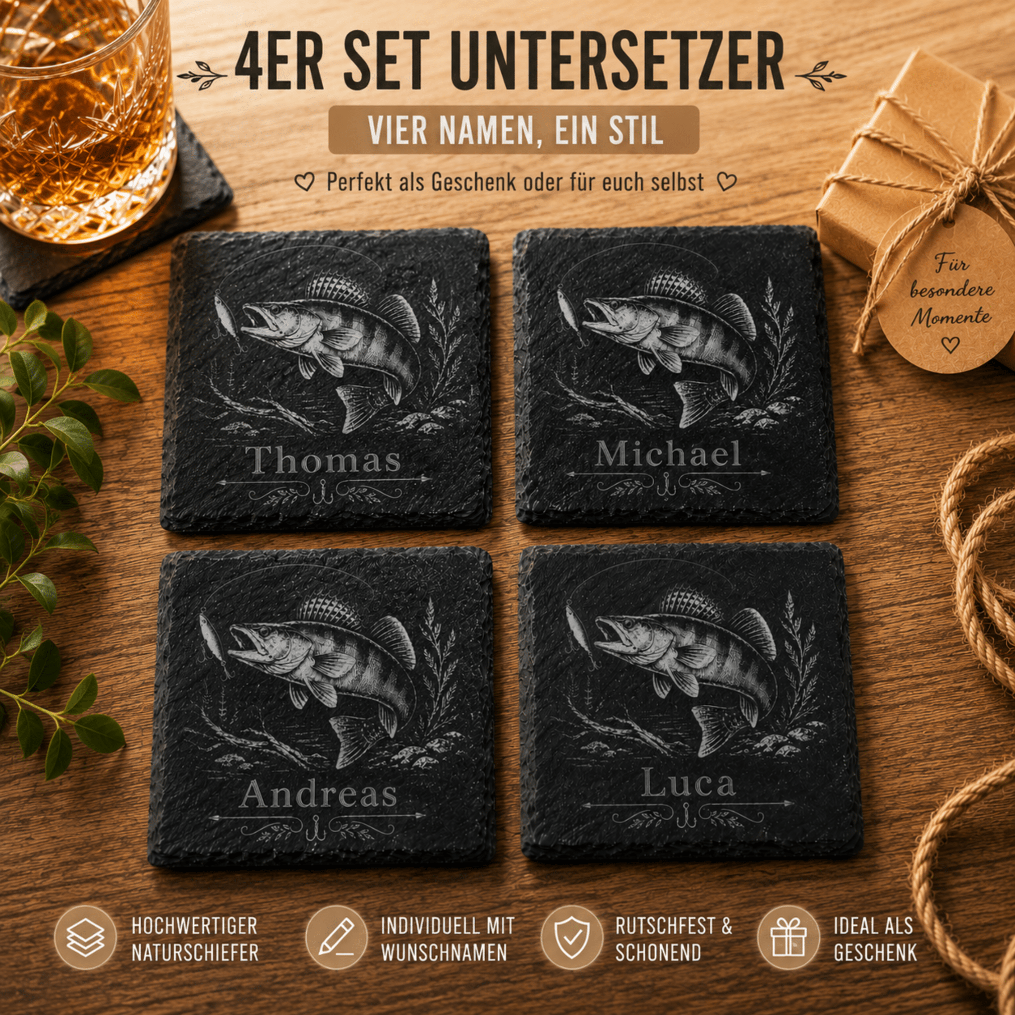 Personalisierter Zander Schieferuntersetzer mit Name – Geschenk für Angler - Gravurliebe