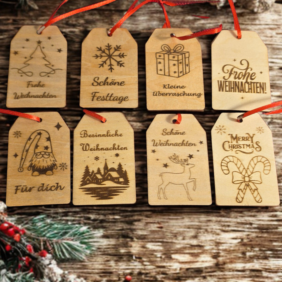 8 Geschenkanhänger aus Birkenholz mit verschiedenen Weihnachtsmotiven und rotem Band als nachhaltige Geschenkdekoration zu Weihnachten