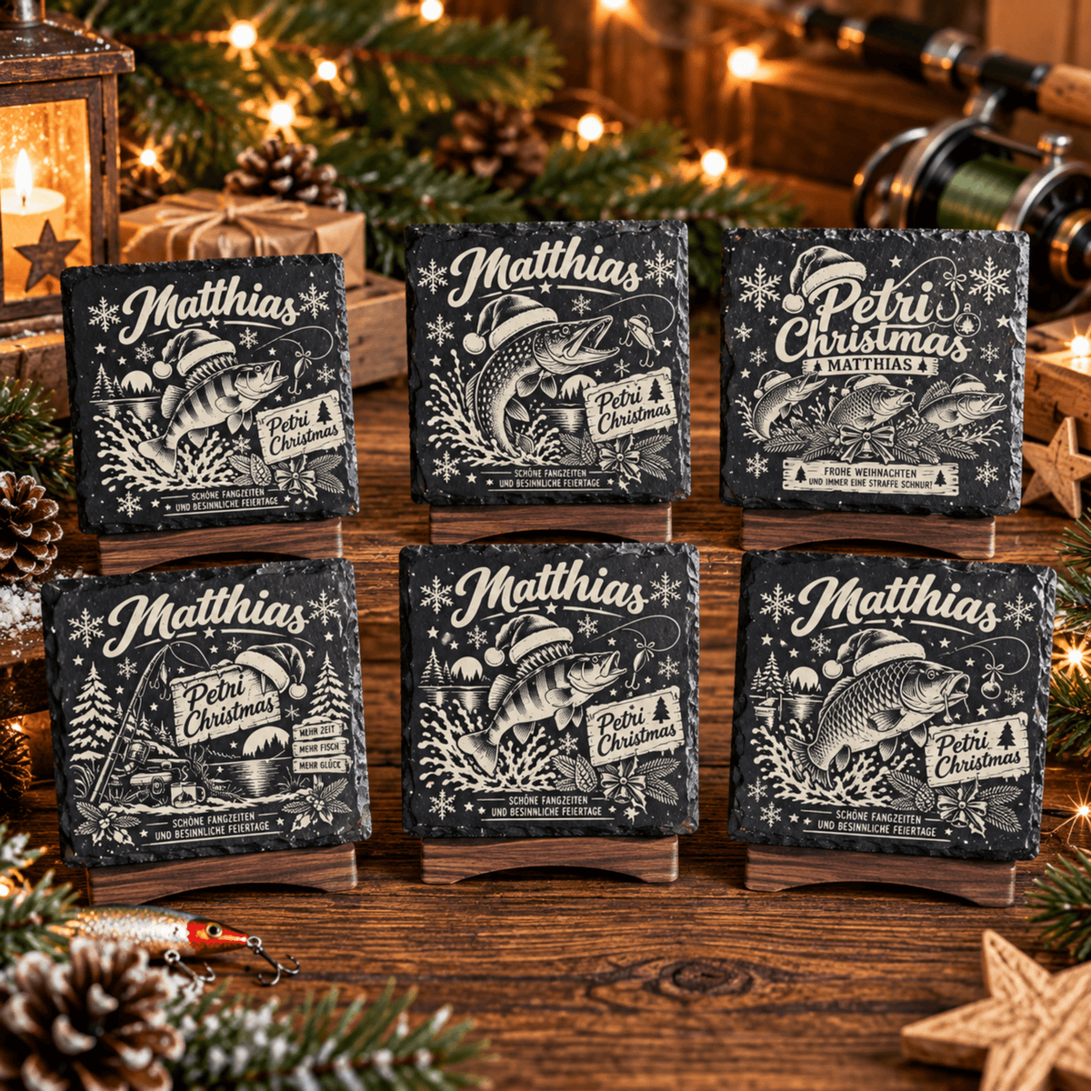 Personalisierte Schieferuntersetzer Angler „Petri Christmas“ – Weihnachtsgeschenk mit Wunschname - Gravurliebe