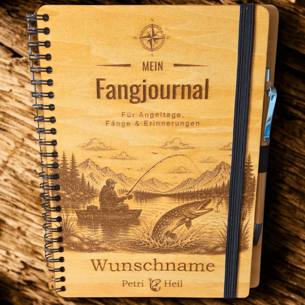 Personalisiertes Fangbuch aus Holz – Premium Angeltagebuch mit Wunschname & Motivauswahl (Hecht / Angler) – Geschenk für Angler - Gravurliebe