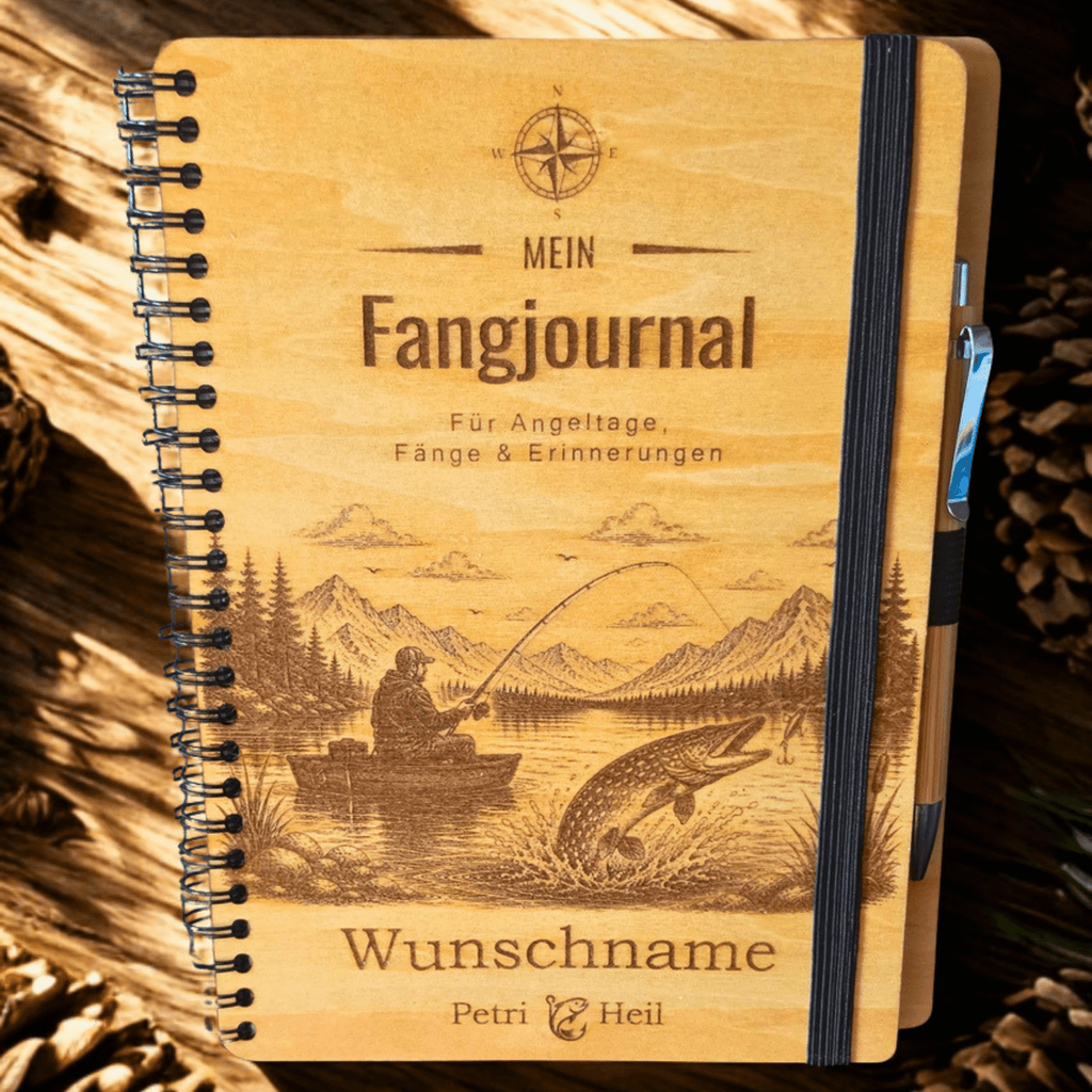Personalisiertes Fangbuch aus Holz – Premium Angeltagebuch mit Wunschname & Motivauswahl (Hecht / Angler) – Geschenk für Angler - Gravurliebe