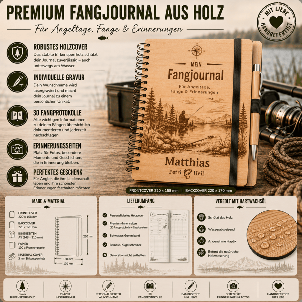 Personalisiertes Fangbuch aus Holz – Premium Angeltagebuch mit Wunschname - Gravurliebe