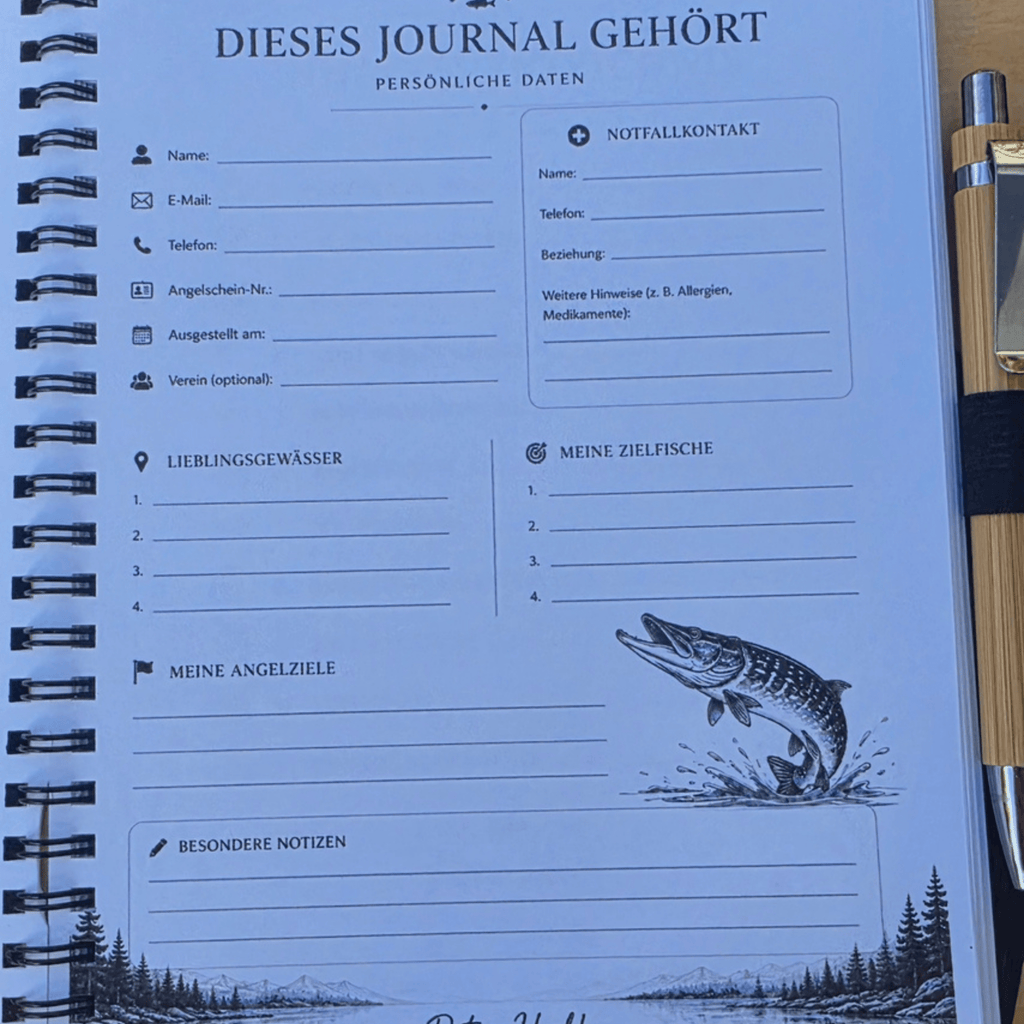 Personalisiertes Fangbuch aus Holz – Premium Angeltagebuch mit Wunschname & Motivauswahl (Hecht / Angler) – Geschenk für Angler - Gravurliebe