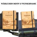 Personalisiertes Fangbuch aus Holz – Premium Angeltagebuch mit Wunschname & Motivauswahl (Hecht / Angler) – Geschenk für Angler - Gravurliebe