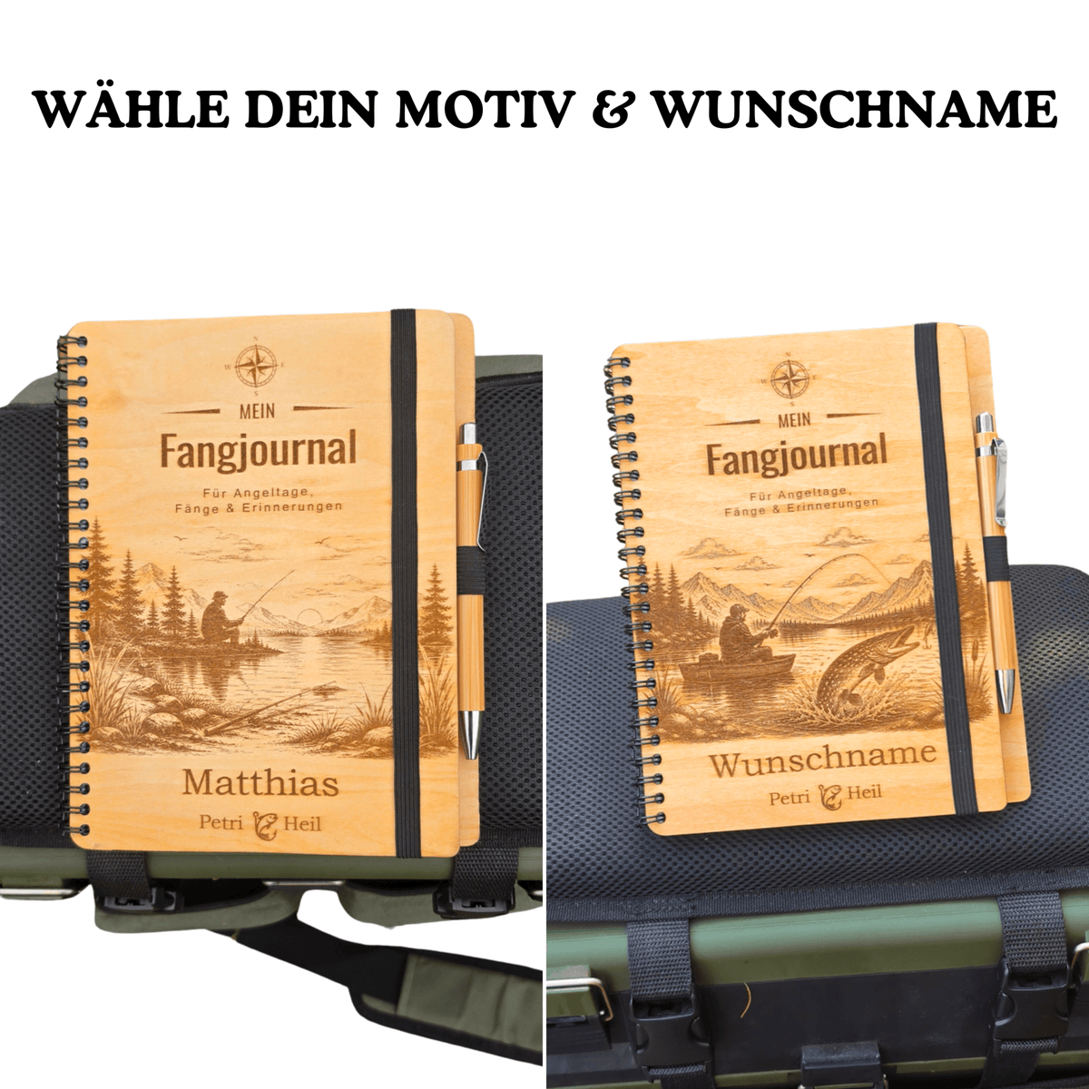Personalisiertes Fangbuch aus Holz – Premium Angeltagebuch mit Wunschname & Motivauswahl (Hecht / Angler) – Geschenk für Angler - Gravurliebe