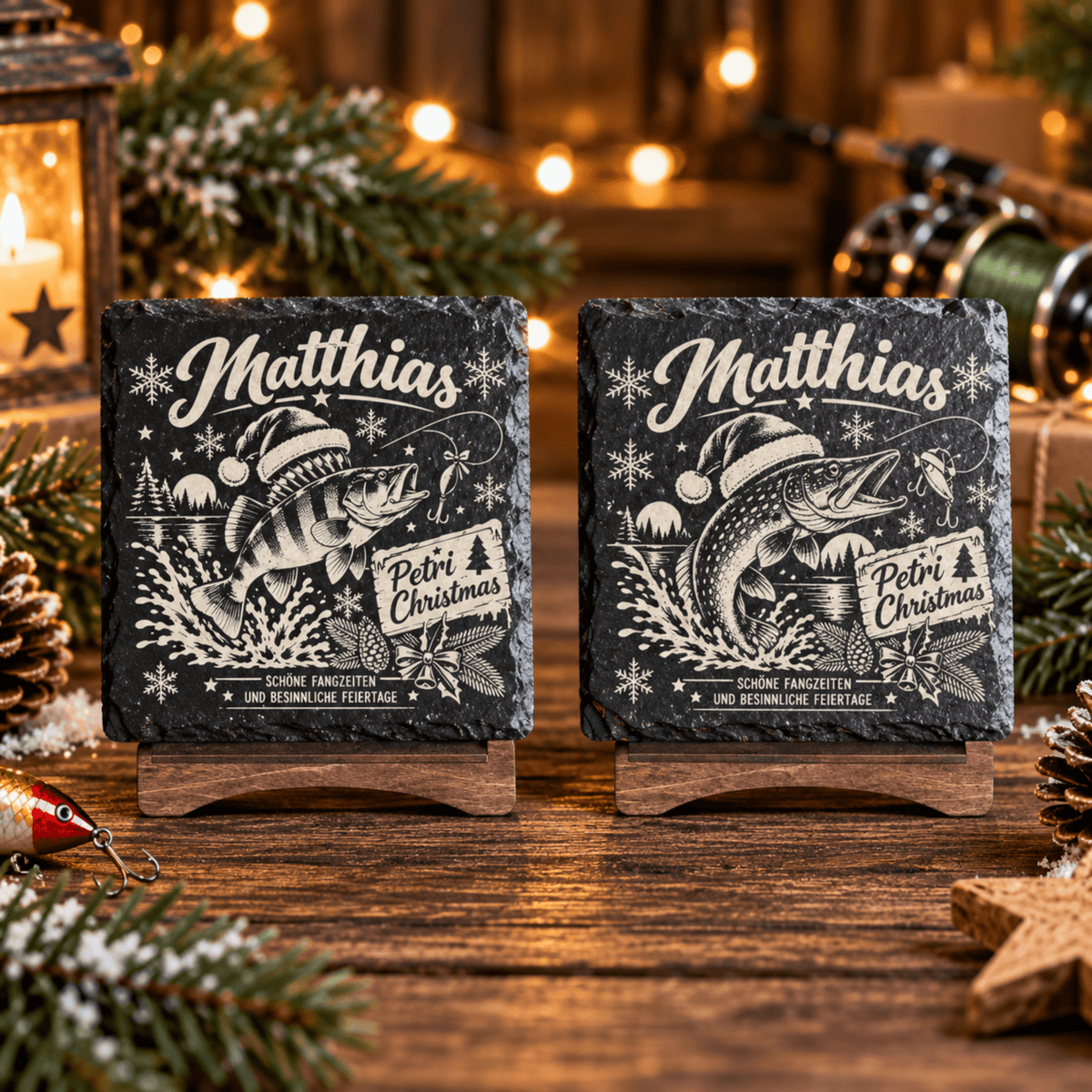 Personalisierte Schieferuntersetzer Angler „Petri Christmas“ – Weihnachtsgeschenk mit Wunschname - Gravurliebe