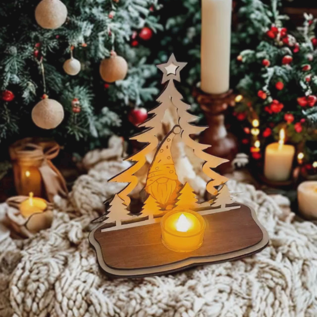 Weihnachtlicher Holz-Teelichthalter mit Wichtel und Tannenbaum, handgefertigte Adventsdeko mit Glas und LED-Teelicht.