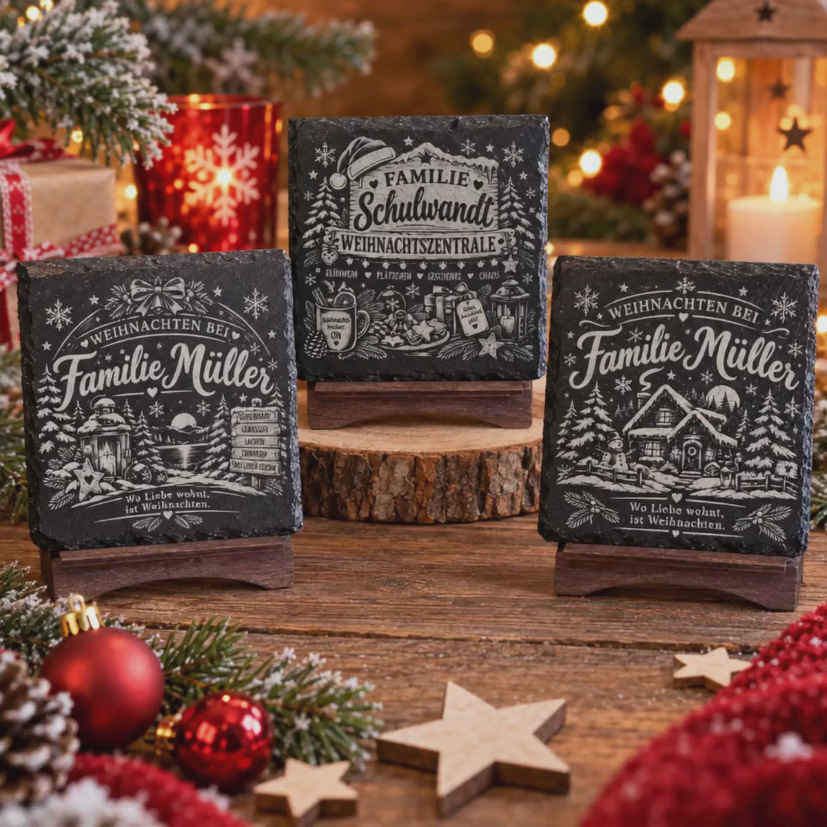 Drei personalisierte Schieferuntersetzer zu Weihnachten mit Familiennamen und verschiedenen Weihnachtsmotiven – individuelles Weihnachtsgeschenk für Familien