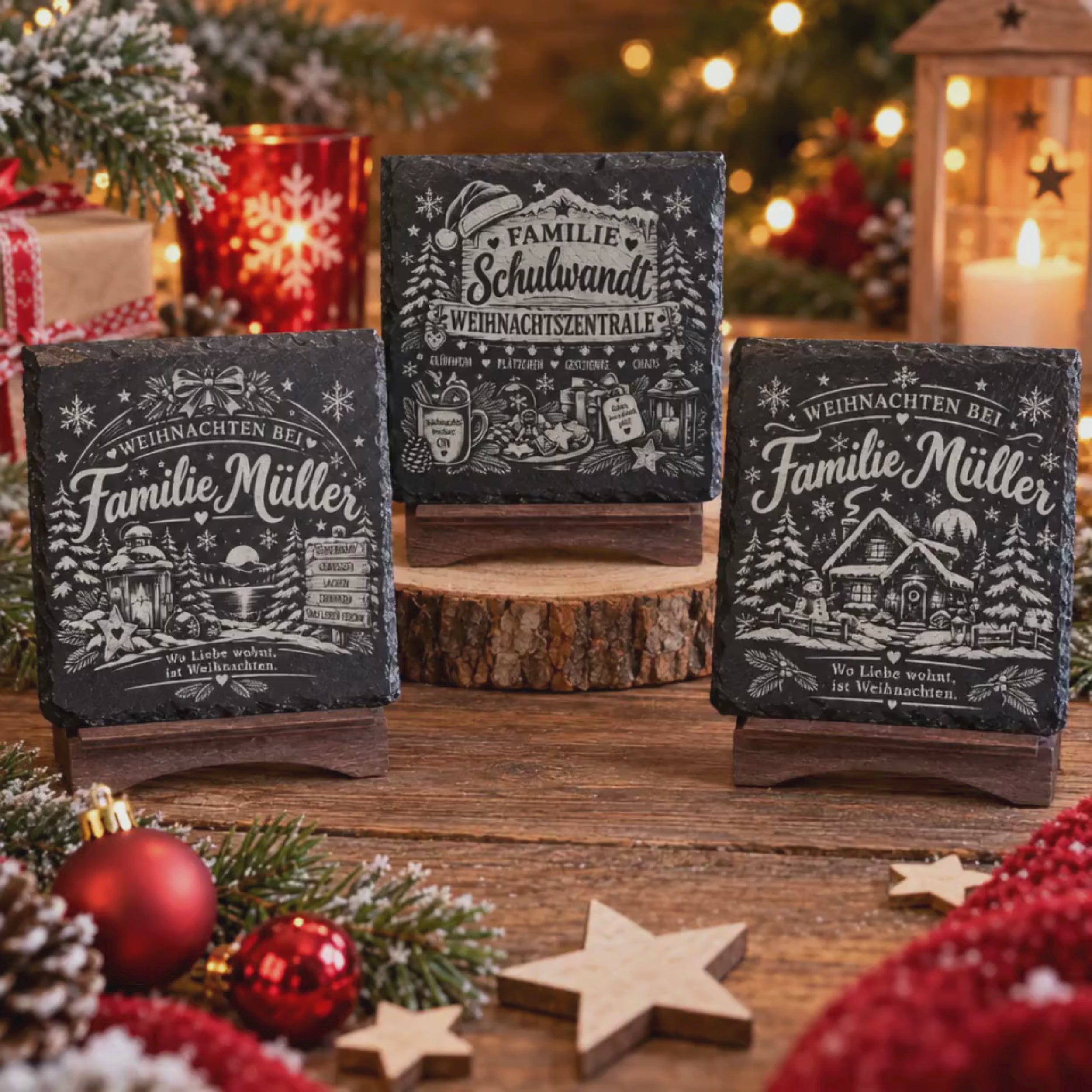 Drei personalisierte Schieferuntersetzer zu Weihnachten mit Familiennamen und verschiedenen Weihnachtsmotiven – individuelles Weihnachtsgeschenk für Familien