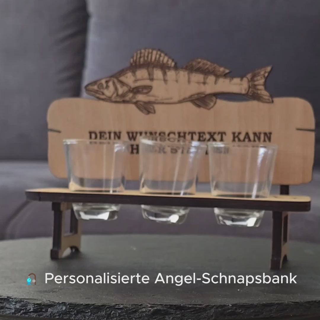 Personalisierte Zander-Schnapsbank aus Holz – Geschenk für Angler | 2er oder 3er Bank