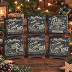 Sechs personalisierte Schieferuntersetzer für Angler mit allen Petri Christmas Weihnachtsmotiven als Geschenkset.