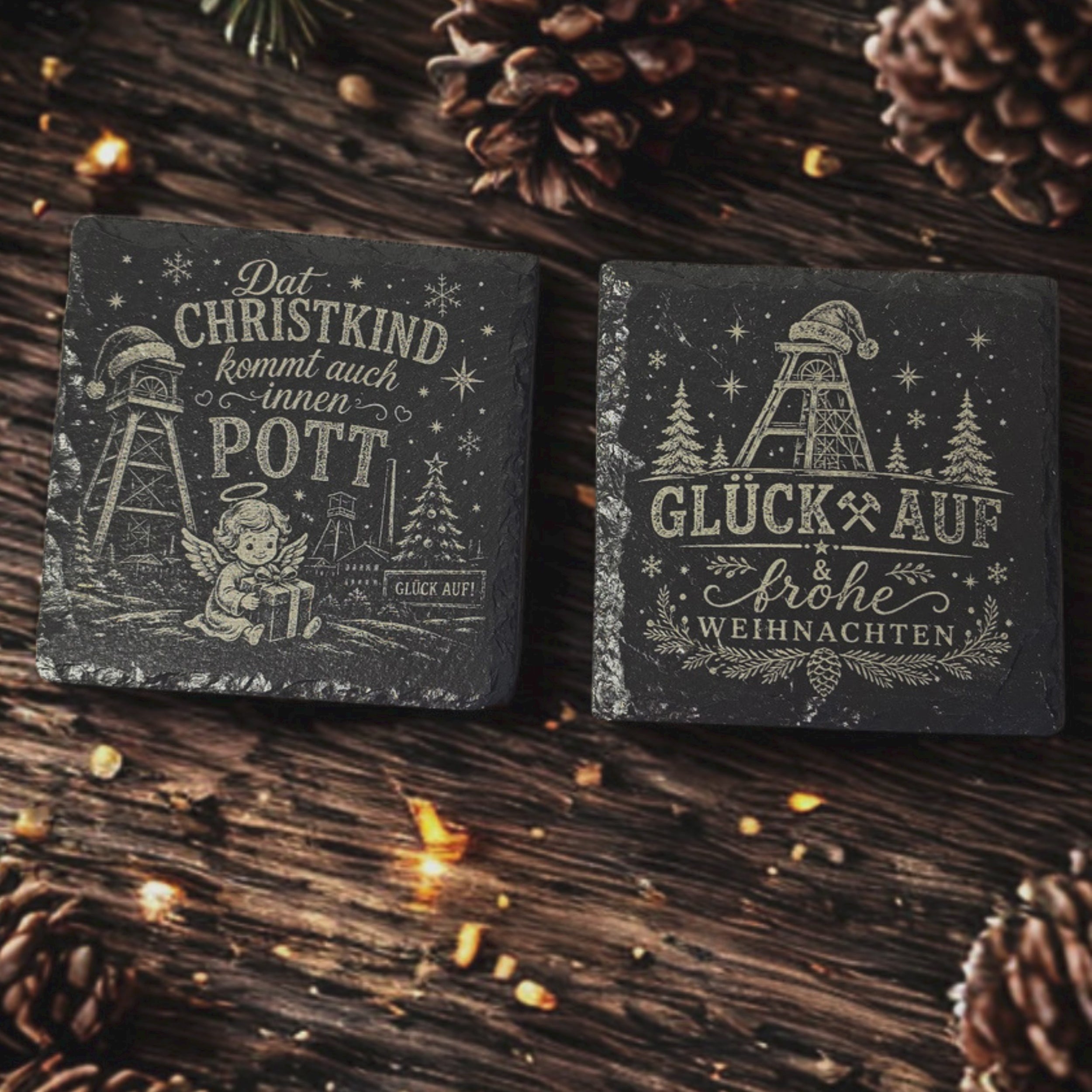 Zwei Ruhrpott Weihnachtsuntersetzer aus Schiefer mit Christkind im Pott und Glück Auf Weihnachtsmotiv
