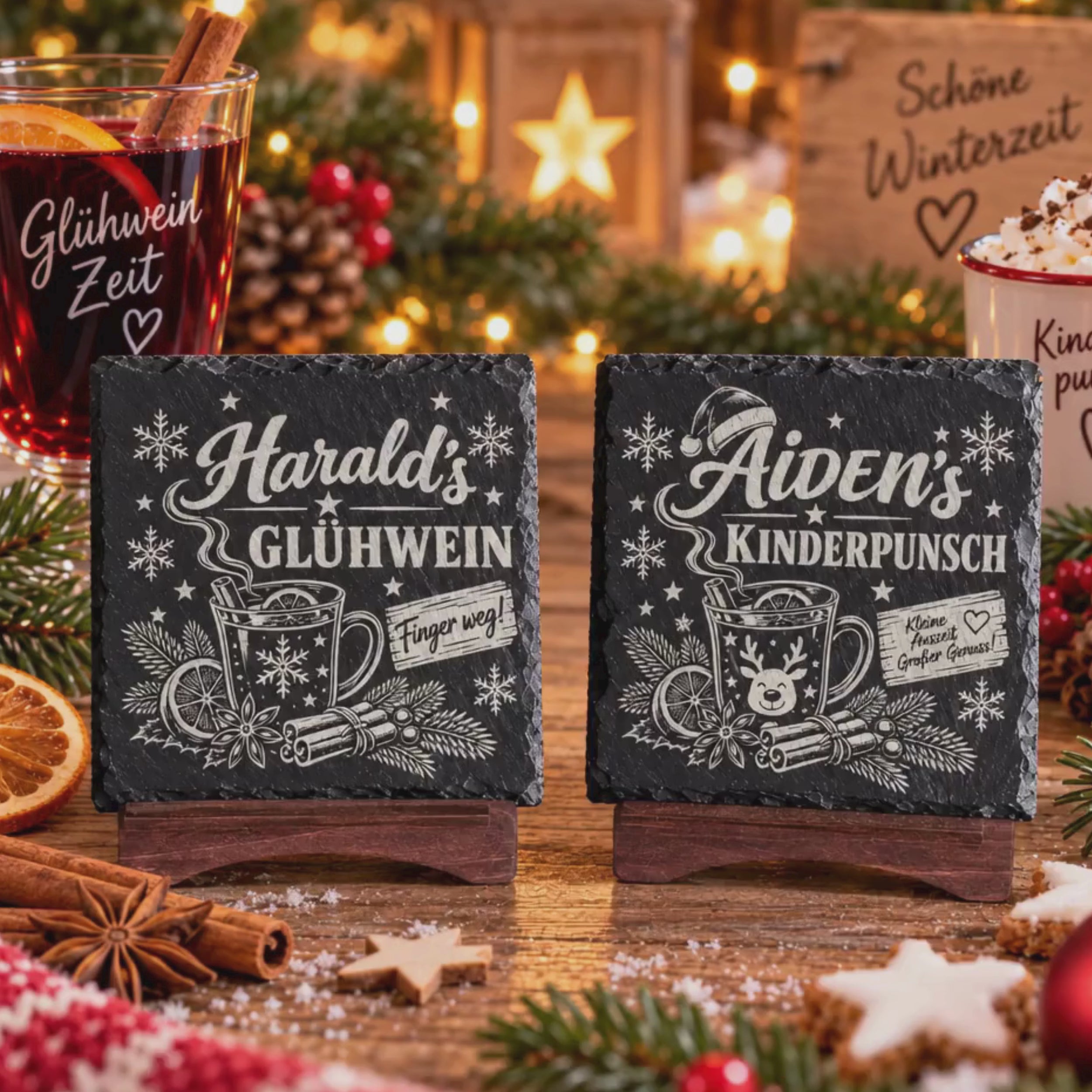 Personalisierte Schieferuntersetzer mit Namen für Weihnachten, Glühwein und Kinderpunsch Motiv auf Naturschiefer
