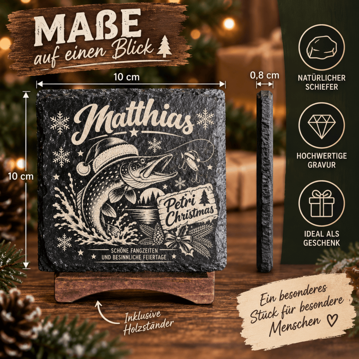 Personalisierte Schieferuntersetzer Angler „Petri Christmas“ – Weihnachtsgeschenk mit Wunschname - Gravurliebe