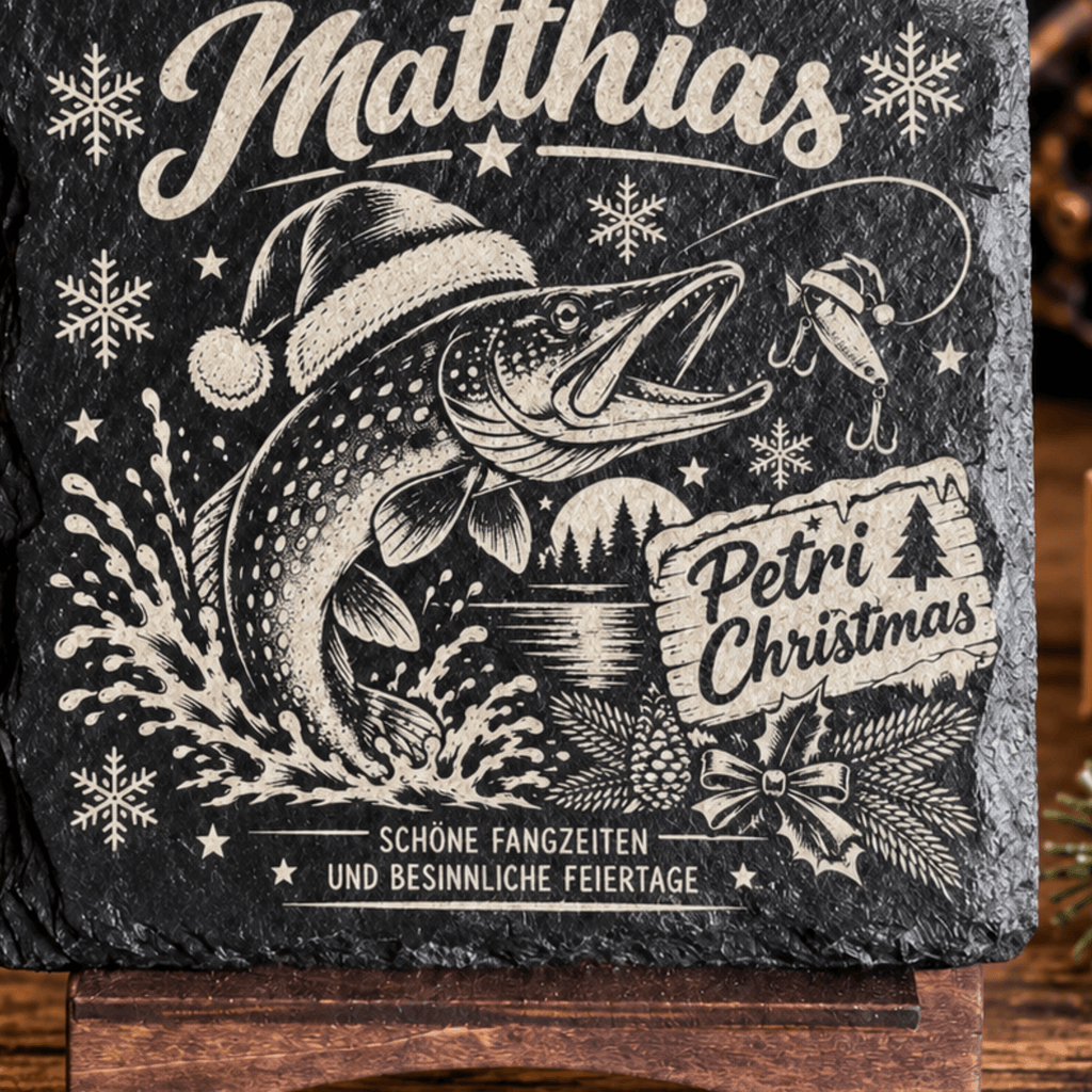 Personalisierte Schieferuntersetzer Angler „Petri Christmas“ – Weihnachtsgeschenk mit Wunschname - Gravurliebe