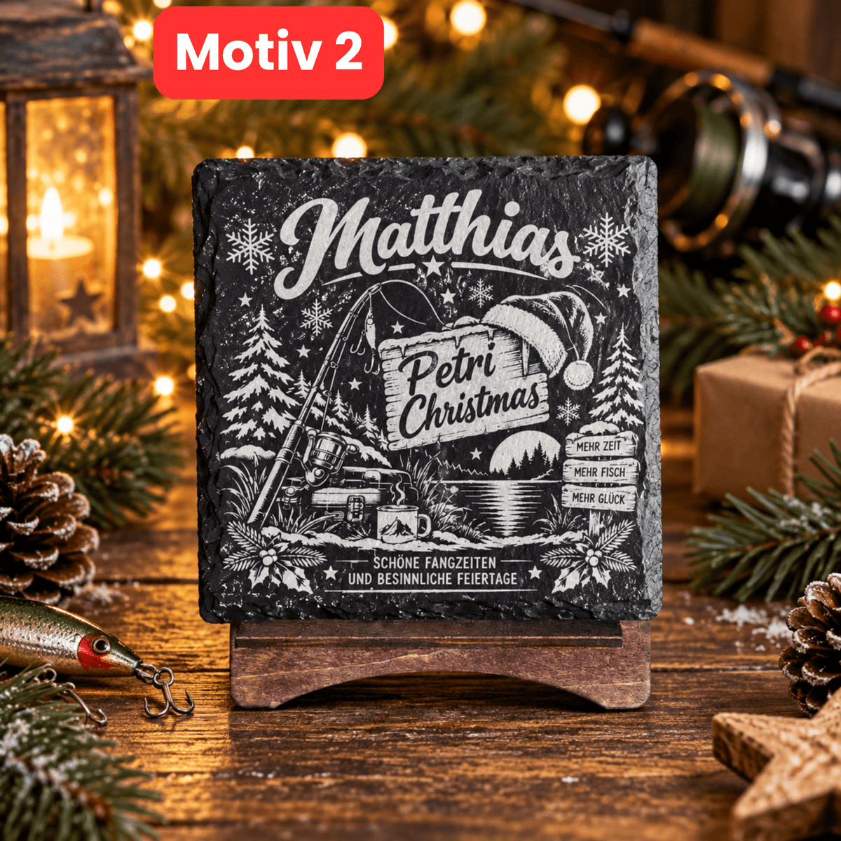 Personalisierte Schieferuntersetzer Angler „Petri Christmas“ – Weihnachtsgeschenk mit Wunschname - Gravurliebe