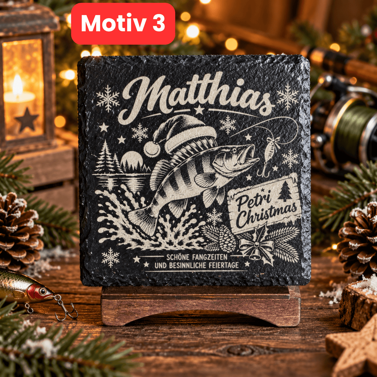 Personalisierte Schieferuntersetzer Angler „Petri Christmas“ – Weihnachtsgeschenk mit Wunschname - Gravurliebe