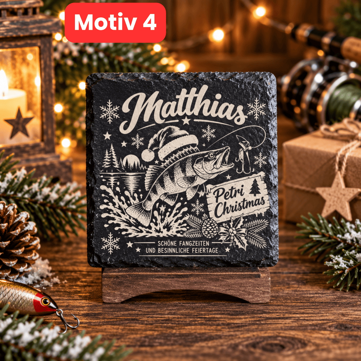 Personalisierte Schieferuntersetzer Angler „Petri Christmas“ – Weihnachtsgeschenk mit Wunschname - Gravurliebe