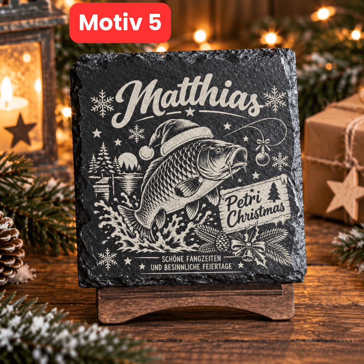 Personalisierte Schieferuntersetzer Angler „Petri Christmas“ – Weihnachtsgeschenk mit Wunschname - Gravurliebe