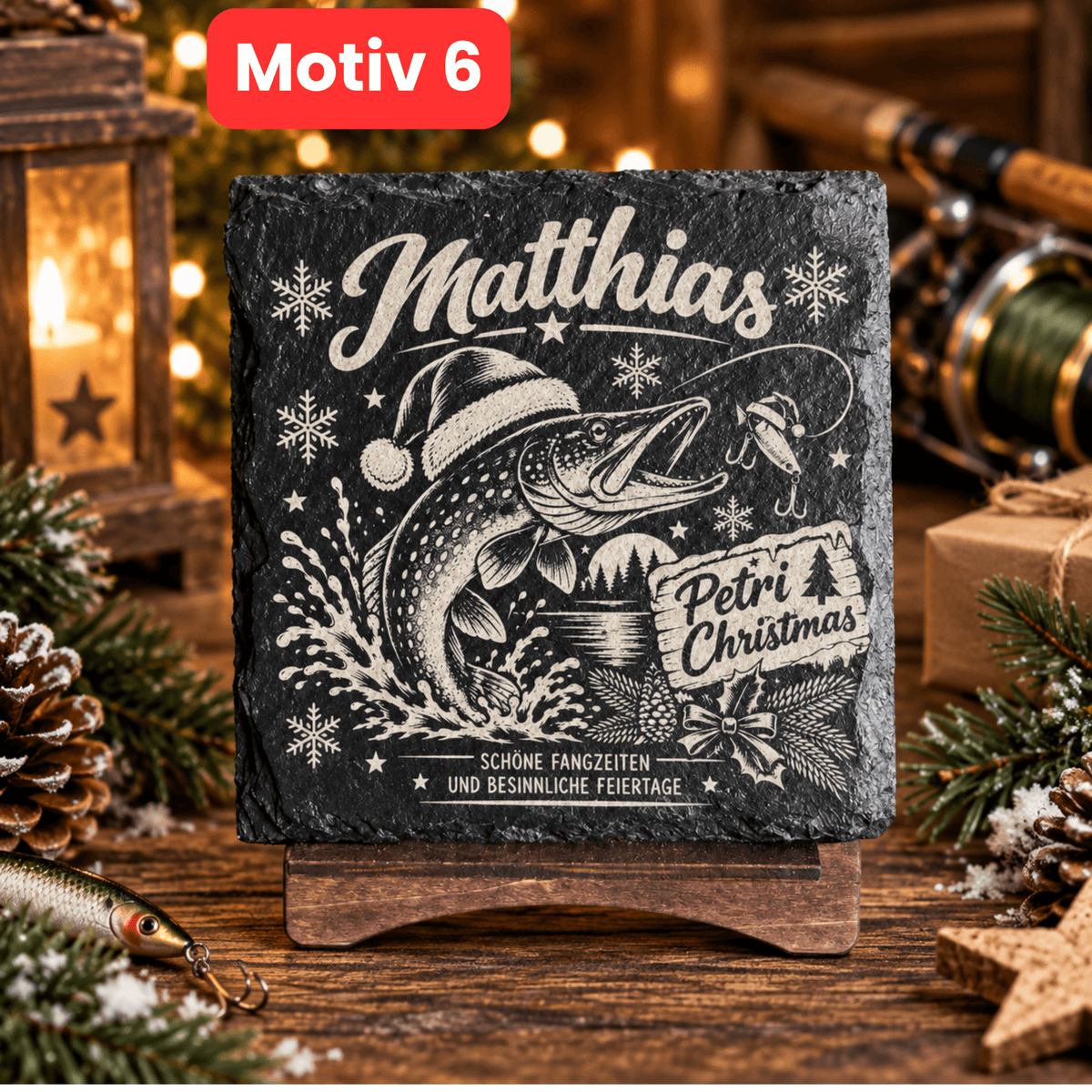 Personalisierte Schieferuntersetzer Angler „Petri Christmas“ – Weihnachtsgeschenk mit Wunschname - Gravurliebe