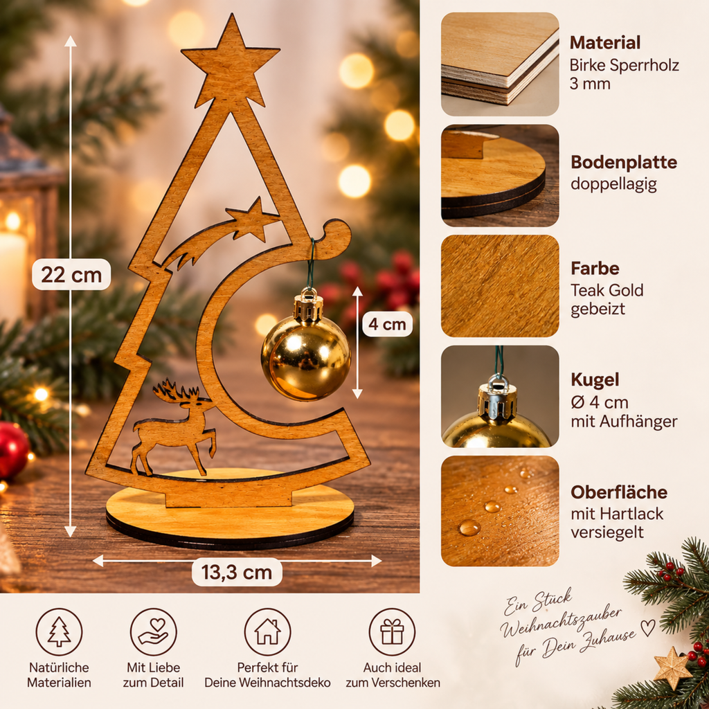Maße und Material des Weihnachtsbaum-Aufstellers: 22 cm hoch, 13,3 cm breit, 3 mm Birkensperrholz, doppelte Bodenplatte und Weihnachtskugel mit 4 cm Durchmesser.