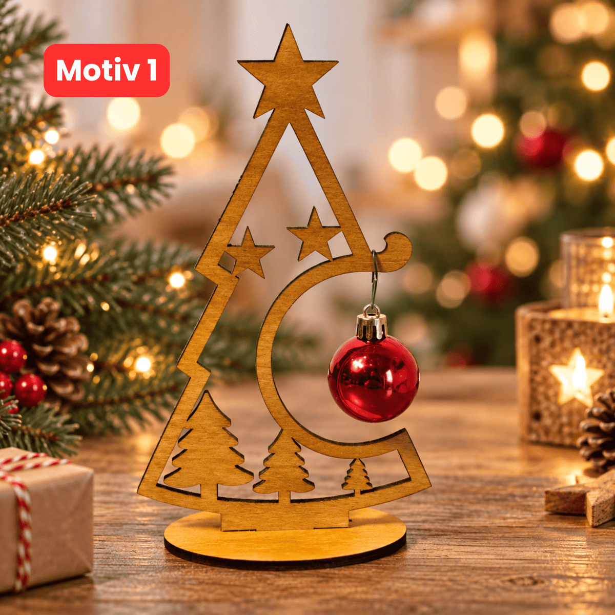 Weihnachtsbaum aus Holz mit Weihnachtskugel – 4 Motive - Gravurliebe