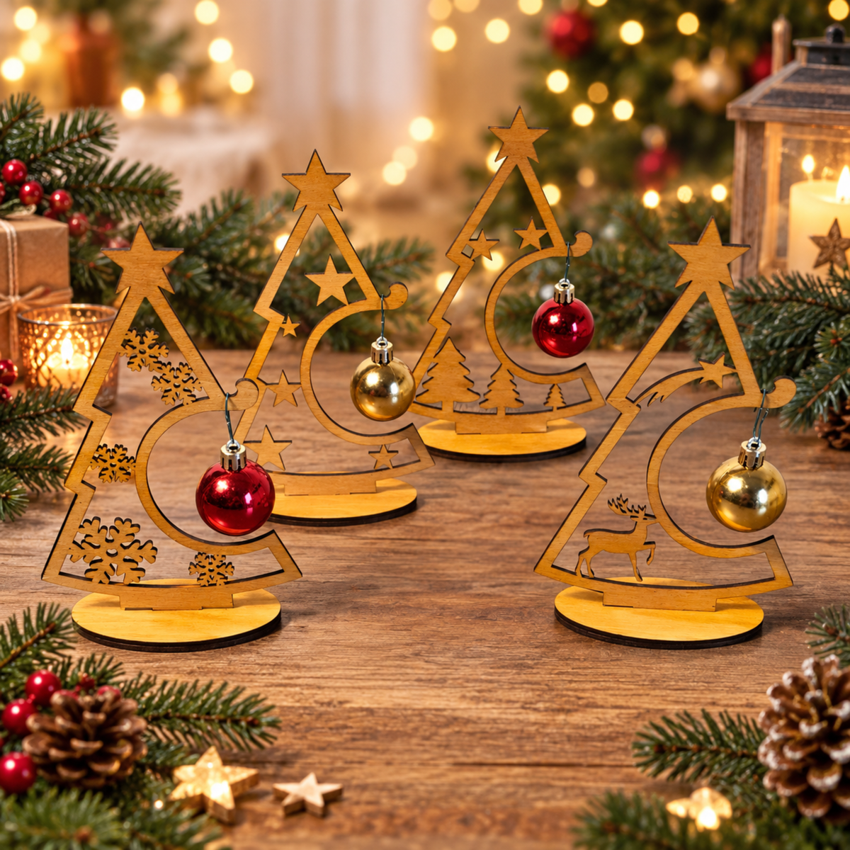 Vier Weihnachtsbäume aus Birkenholz mit unterschiedlichen Stern-, Schneeflocken-, Tannenbaum- und Rentiermotiven sowie roten und goldenen Weihnachtskugeln